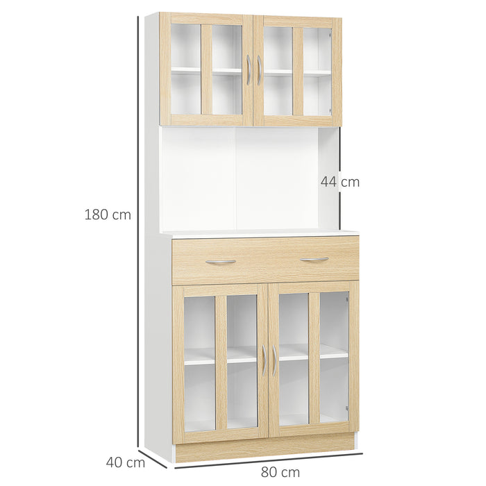 Kitchen Storage Organizer Hutch - Freestanding Cabinet with Central Drawer, Glass Doors & Countertop - Space-Saving Solution for Modern Kitchens, 180cm Tall