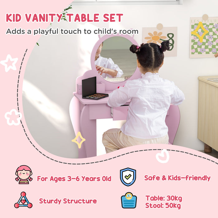 Kids Vanity Table & Stool Set - Cat-Themed Design with Mirror, Drawer, & Storage Boxes - Perfect for Children Aged 3-6 Years, Pink