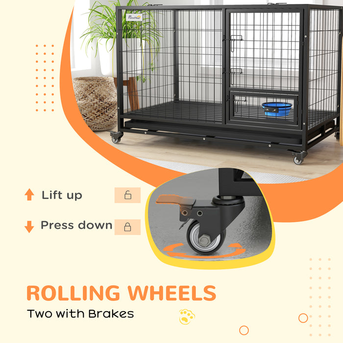 Heavy Duty 48-Inch Dog Crate with Wheels - Large and Extra-Large Double Door Pet Kennel with Bowl Holder and Removable Tray - Easy Transport and Cleaning for Big Breeds