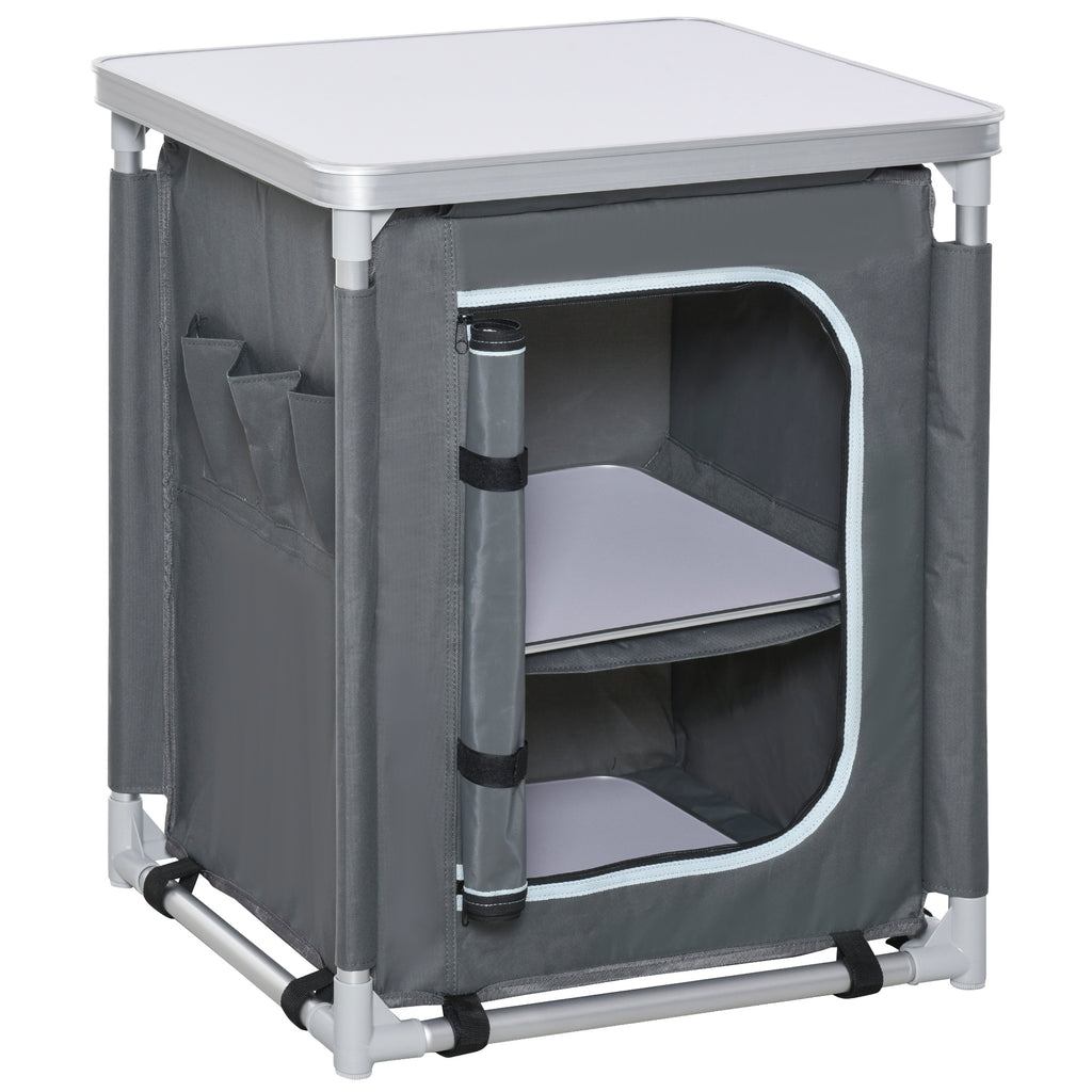 Portable Aluminum Camping Kitchen Station with 2 Shelves - Compact Storage Organizer for Outdoor Cooking and BBQ Parties - Ideal for Picnics and Backyard Gatherings with Convenient Carrying Bag