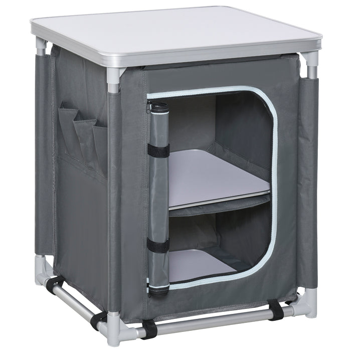 Portable Aluminum Camping Kitchen Station with 2 Shelves - Compact Storage Organizer for Outdoor Cooking and BBQ Parties - Ideal for Picnics and Backyard Gatherings with Convenient Carrying Bag