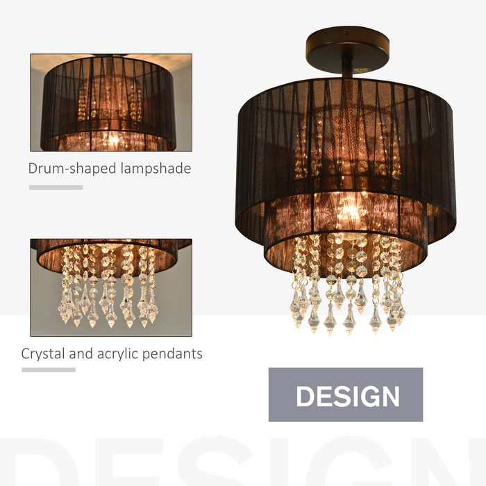 Vintage Metal Chandelier - Dual Drum Shade Lamp with Acrylic Crystal Accents - Elegant Lighting for Living and Dining Areas