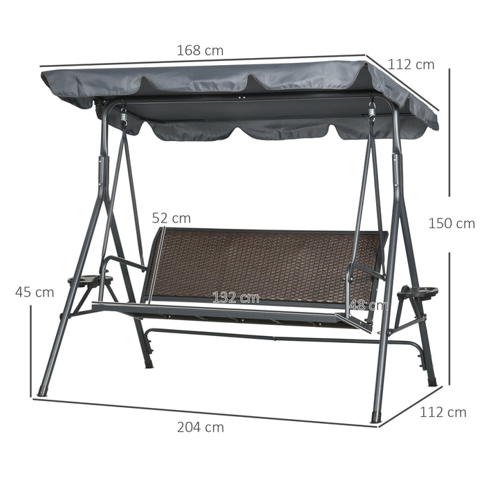 3 Seater Swing Chair with Adjustable Canopy - Rattan Bench Seat & Sturdy Steel Frame for Outdoor Relaxation - Ideal for Patio, Yard & Garden Comfort