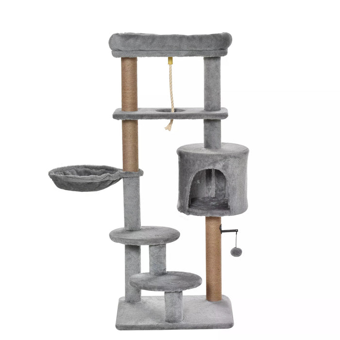 Luxury 120cm Jute Cat Tree - Scratching Post, Hammock, Perch, Hanging Ball, Teasing Rope, Condo Playhouse - Ideal for Cat's Play and Rest, Light Grey