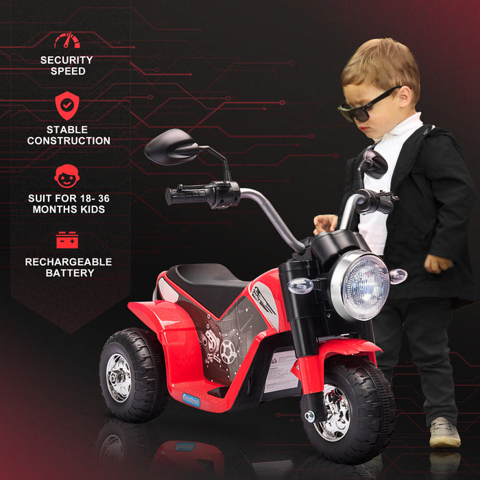 Kids Electric Motorcycle with 3 Wheels - Rechargeable 6V Battery-Powered Ride-On Toy, Horn & Headlights - Ideal for Toddlers 18-36 Months, Red Motorbike