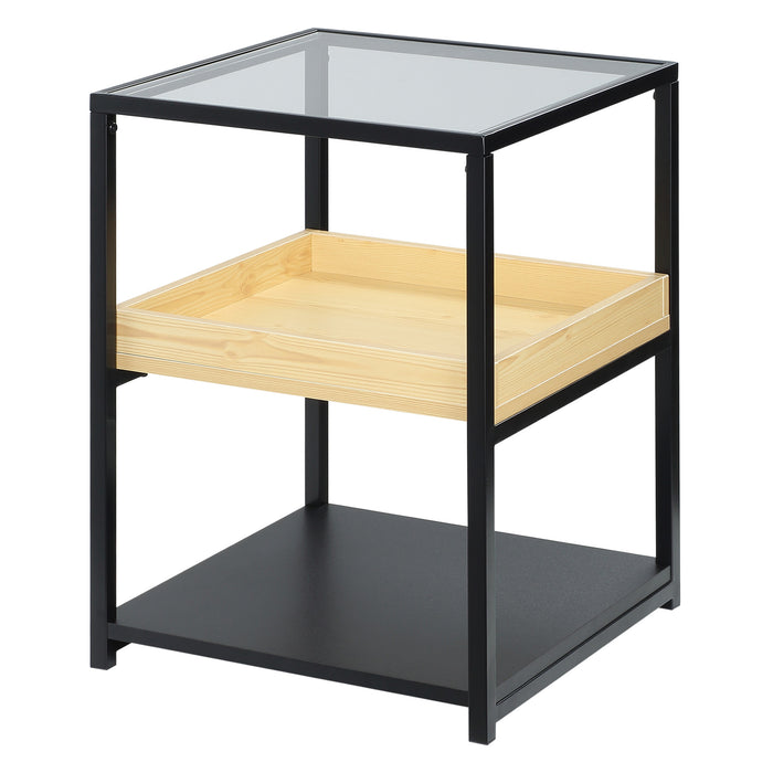 3-Tier Glass Top Side Table - End Table with Storage Shelves & Sturdy Steel Frame - Versatile Nightstand for Bedroom Organization