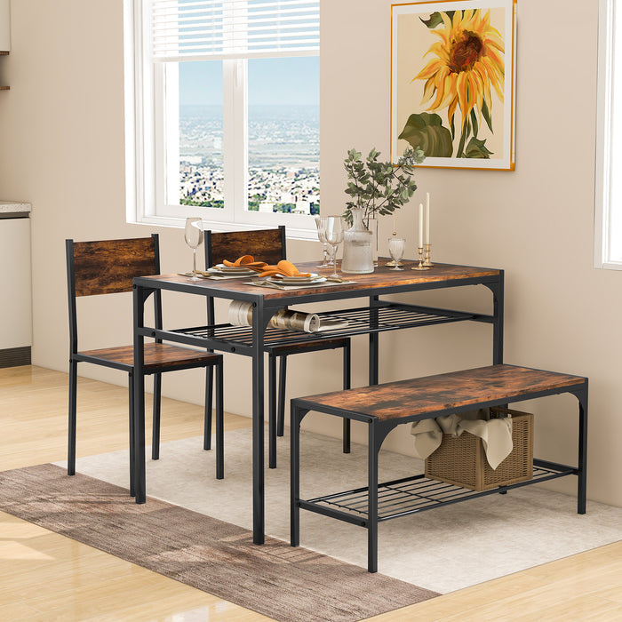 Rustic Brown Dining Set - Table and Four Chairs with Storage Racks and Metal Frame - Ideal for Small Spaces Needing Extra Storage