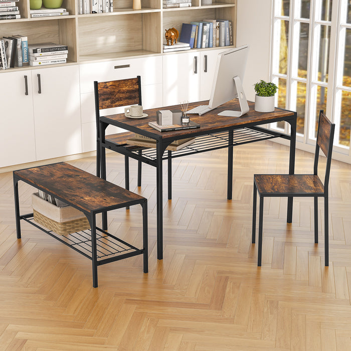 Rustic Brown Dining Set - Table and Four Chairs with Storage Racks and Metal Frame - Ideal for Small Spaces Needing Extra Storage