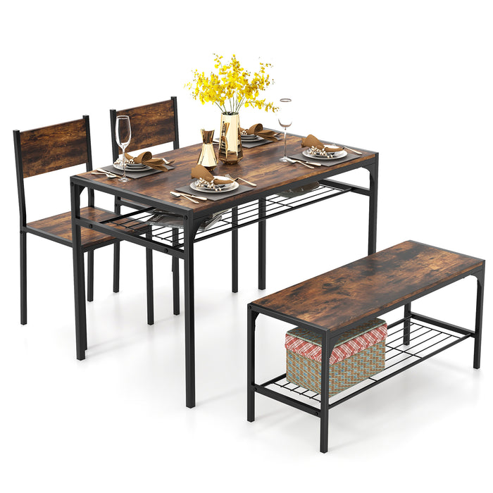 Rustic Brown Dining Set - Table and Four Chairs with Storage Racks and Metal Frame - Ideal for Small Spaces Needing Extra Storage