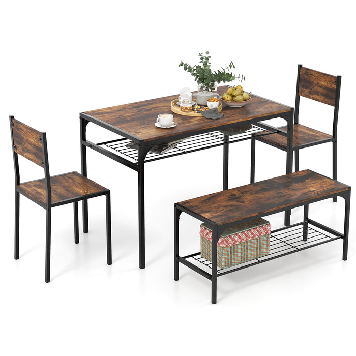 Rustic Brown Dining Set - Table and Four Chairs with Storage Racks and Metal Frame - Ideal for Small Spaces Needing Extra Storage