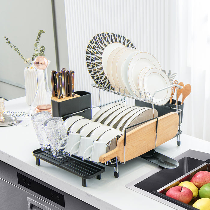 Detachable Silver 2-Tier Kitchen Dish Drying Rack - Includes Drainboard for Easy Water Collection - Ideal for Home Kitchens Keeping Utensils Dry and Organized