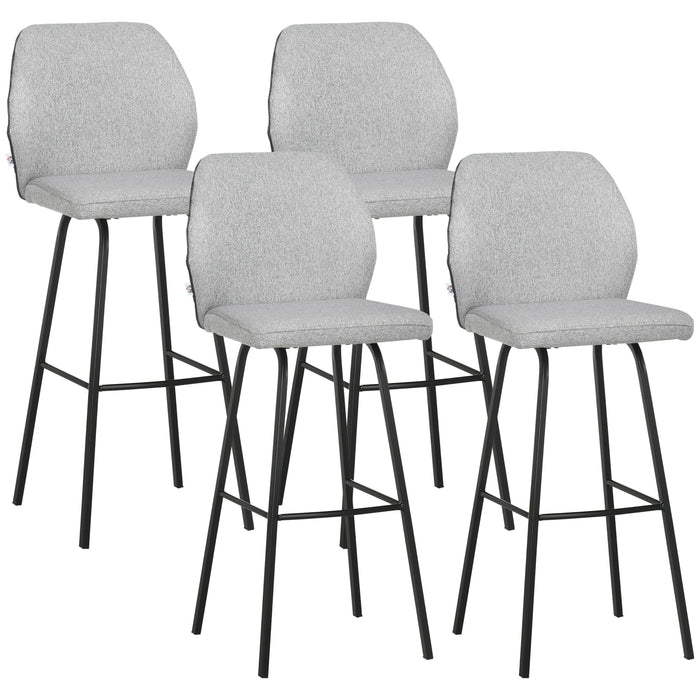 Linen-Touch Fabric Bar Chairs Set of 4 - Upholstered Stools with Backs & Sturdy Steel Legs for Kitchen and Dining Room - Elegant Light Grey Seating Solution