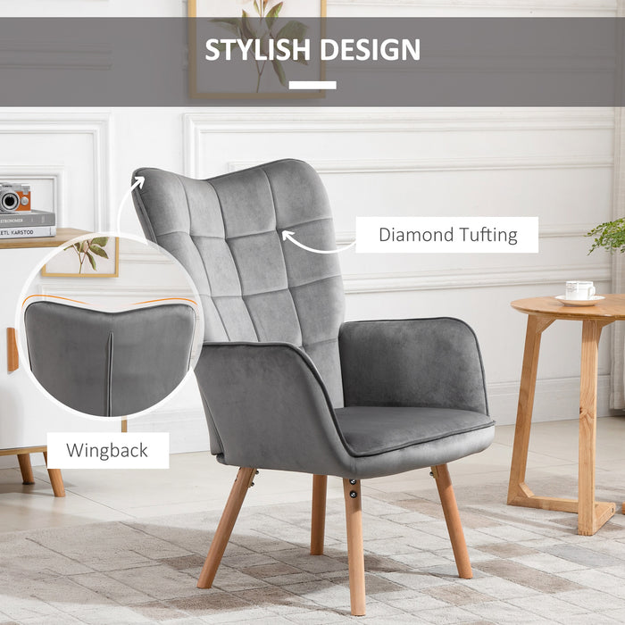Velvet-Touch Tufted Wingback Armchair - Upholstered, Modern Leisure Lounge Club Sofa with Wooden Legs in Grey - Elegant Furniture for Stylish Comfort & Relaxation