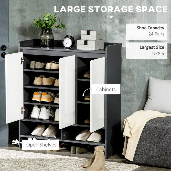 High Gloss Shoe Storage Unit with White Doors - Spacious Hallway Cupboard with Open Shelves for Up to 24 Pairs - Sleek Grey Organizer for Footwear
