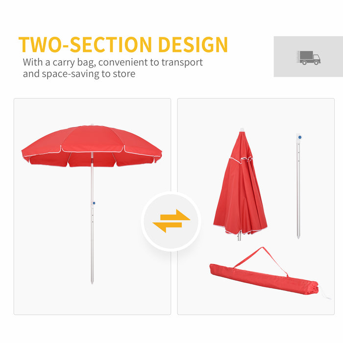 Arced Beach Umbrella 1.9m with 3-Angle Canopy - Aluminium Frame, Pointed Spike, Carry Bag - Outdoor Sun Shelter for Patio and Beach Safety, Red Color