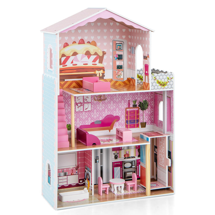 Wooden Dollhouse with 3 Stories - Includes Simulated Rooms and Furniture Set in Pink - Perfect For Creating Imaginary Play Scenarios