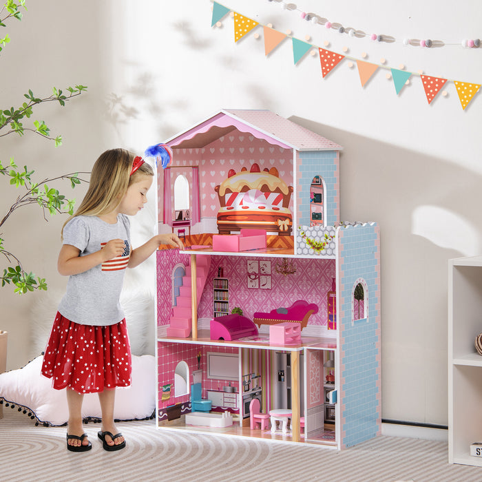 Wooden Dollhouse with 3 Stories - Includes Simulated Rooms and Furniture Set in Pink - Perfect For Creating Imaginary Play Scenarios