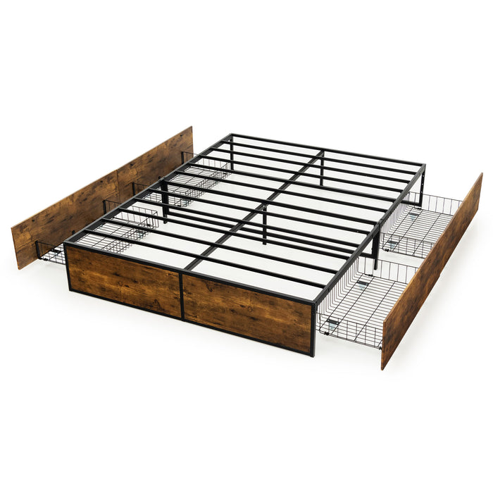Double Metal Bed Frame with 4 Rolling Underbed Storage Drawers-190 x 135 x 33 cm