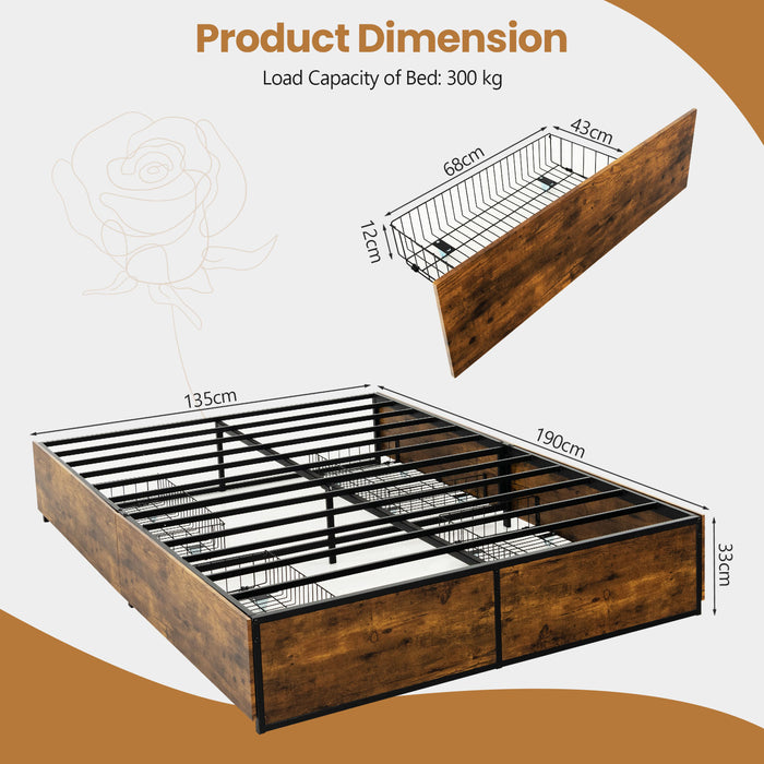 Double Metal Bed Frame with 4 Rolling Underbed Storage Drawers-190 x 135 x 33 cm
