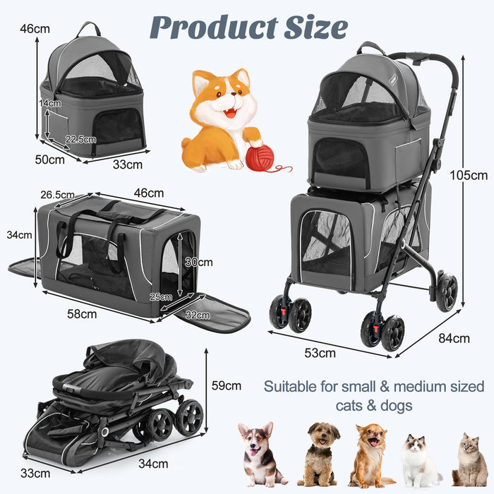 Portable Double Pet Stroller - Foldable Design with Detachable Carriers - Ideal for Pet Owners with Multiple Animals