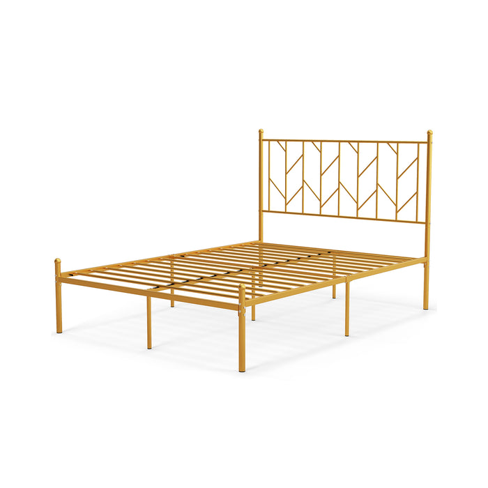 Metal Platform Bed Frame - Single/Double Size, Black Golden Finish with Headboard - Ideal for Minimalist Bedroom Decorations