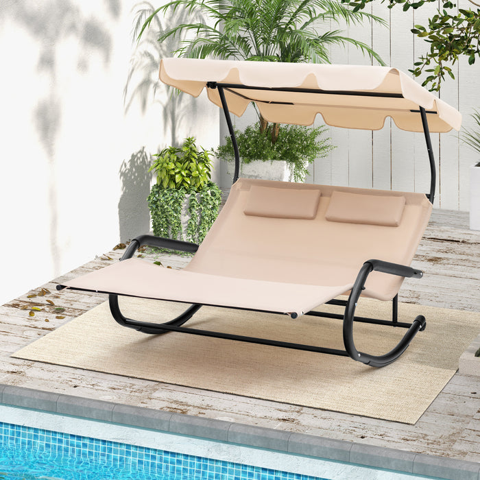 2-Person Patio Rocking Sun Lounger - With Integral Sun Shade and Handy Wheels Features - Perfect for Comfortable Outdoor Relaxation and Sunbathing