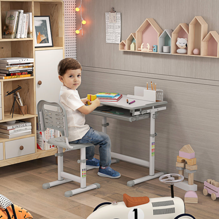 Adjustable Kids Desk & Chair Set - Ergonomic Student Writing and Study Table with Tilting Desktop, Grey - Ideal for Homework and Art Projects