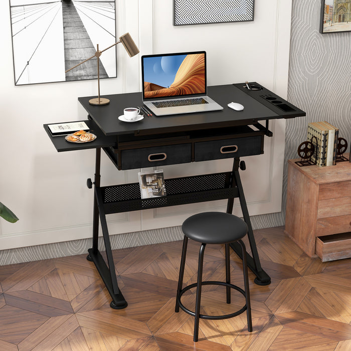 Drawing Table and Stool Set - 2- Adjustable Tilt Tabletop with Storage Drawers in Black - 3- Perfect for Artists or Designers
