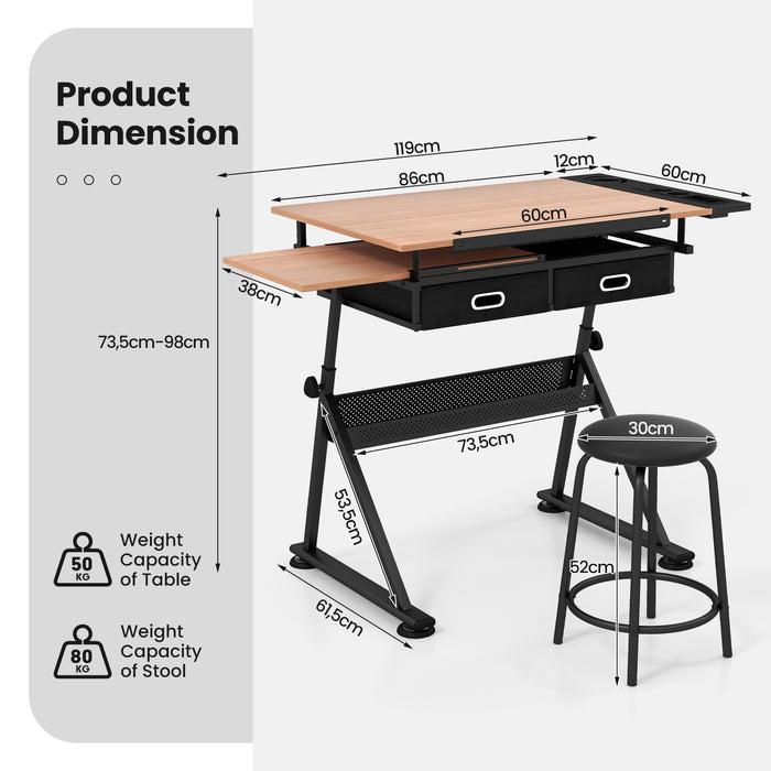 Drawing Table and Stool Set - 2- Adjustable Tilt Tabletop with Storage Drawers in Black - 3- Perfect for Artists or Designers