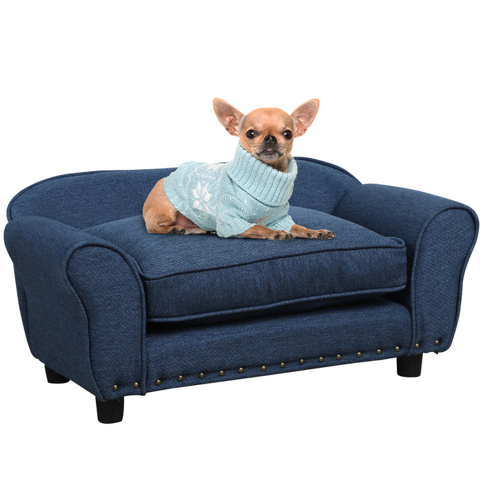 Pet Chair Couch - Plush Sofa with Thick Padded Cushion & Washable Cover for Small Dogs and Cats - Comfortable Lounge Bed with Durable Wooden Frame, Blue