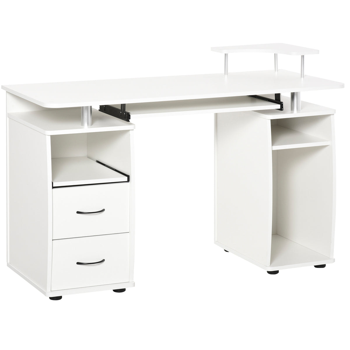 White Home Office Computer Desk - PC Table Workstation with Keyboard Tray, CPU Shelf, Drawers & Sliding Scanner Storage - Space-Saving Design for Professionals and Students