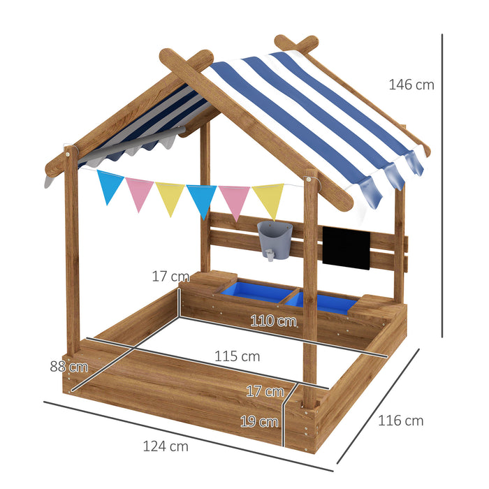 Kids Outdoor Wooden Sandbox with Protective Canopy - Weather-Resistant Brown House Design Play Area - Creative Play Space for Children