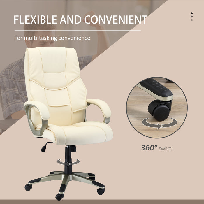 Ergonomic Faux Leather High-Back Office Chair - Adjustable Height, Rocking Feature, Computer Desk Seating in Cream White - Ideal for Home Office Comfort and Style
