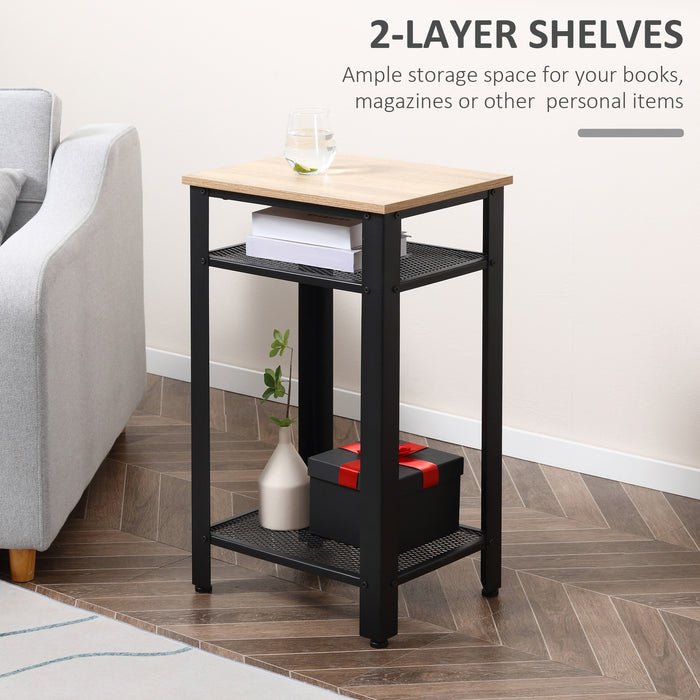 3-Tier Industrial Boxy Side Table with Metal Frame - Ample Storage with 2 Open Shelves, Robust Design - Chic Display Stand for Modern Bedroom or Living Space