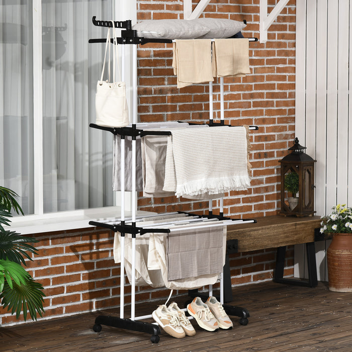 4-Tier Foldable Laundry Drying Rack - Steel Garment Organizer with Wheels, Indoor/Outdoor Compatibility - Space-Saving Solution for Clothing Management