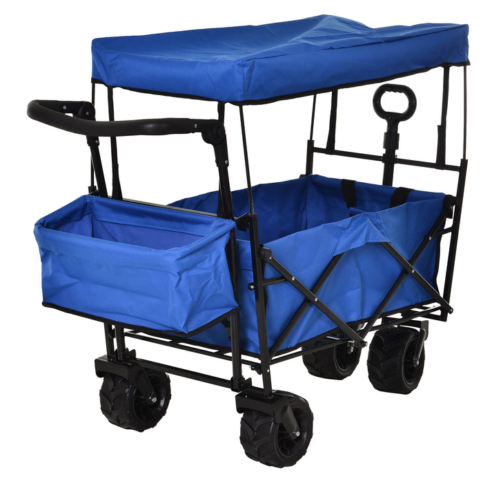 Outdoor Adventure Utility Cart - Foldable Trolley with 4-Wheel Stability, Overhead Canopy & Pull Handle - Ideal for Beach Trips, Shopping, and Gardening in Blue
