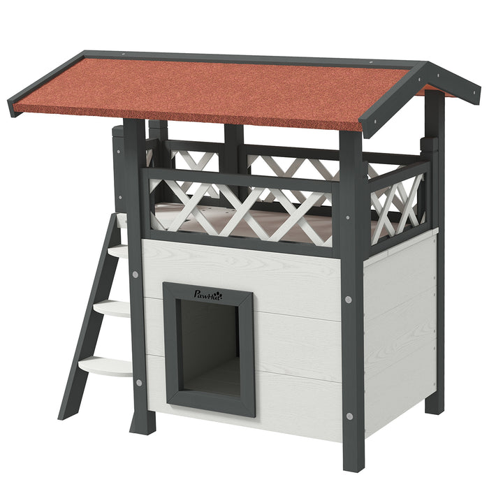 Outdoor Cat Shelter with Balcony and Stairs - Weatherproof Wooden Design, Rooftop, 77 x 50 x 73 cm, White - Ideal for Feline Outdoor Safety and Comfort
