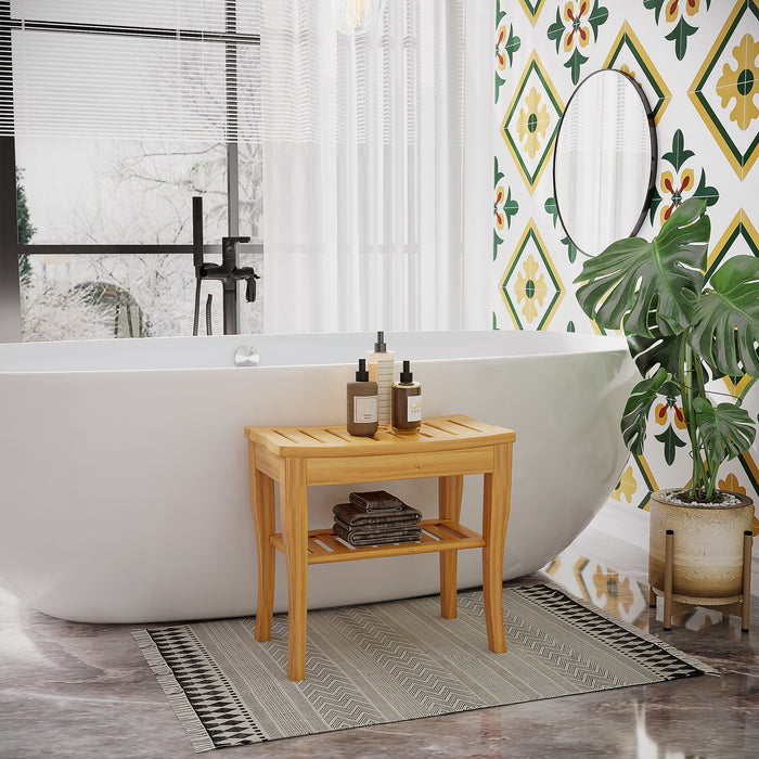Bamboo Shower Bench with Storage Shelf - Eco-Friendly Water-Resistant Spa Stool - Ideal for Bathroom Organization and Comfort