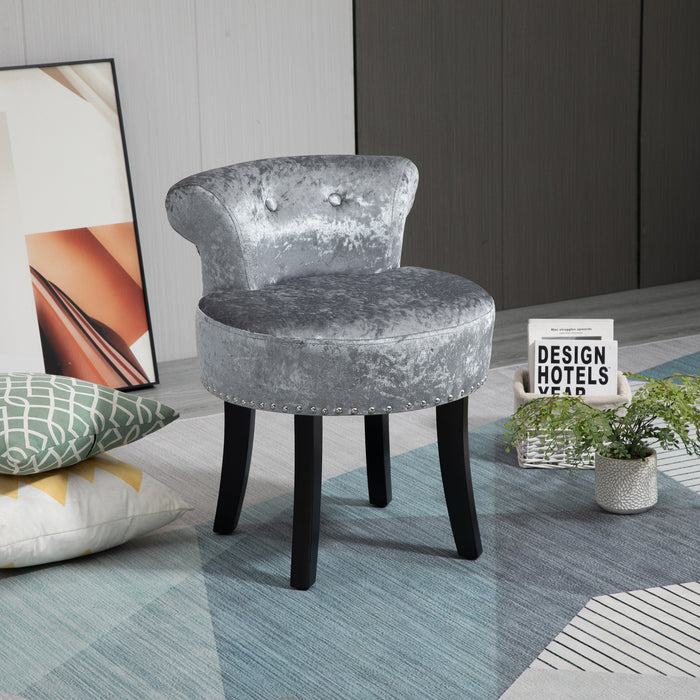 Velvet Makeup Seat with Rubber Wood Legs - Elegant Grey Dressing Table Stool for Living Room & Bedroom - Comfortable Ice Velvet Chair for Dressing Area