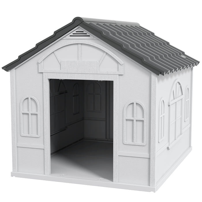 Durable Grey Plastic Canine Shelter - Weatherproof Outdoor Dog House With Sturdy Design - Perfect for All-Weather Protection for Pets