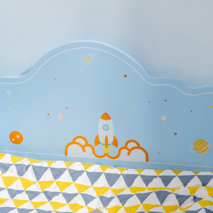 Rocket & Plant-Themed Toddler Bed - Sturdy Kids Bedroom Furniture with Safety Rails and Slatted Base - Perfect for Transitioning from a Crib to a Big-Kid Bed