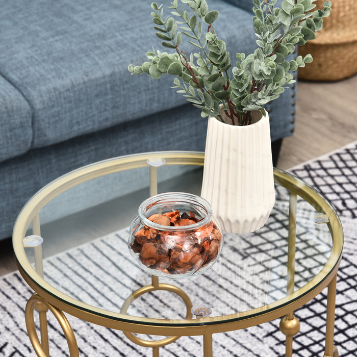 Gold Nesting Coffee Table Duo - Set of 2 Round Tables with Tempered Glass Top & Steel Frame - Elegant Space-Saving Furniture for Living Room