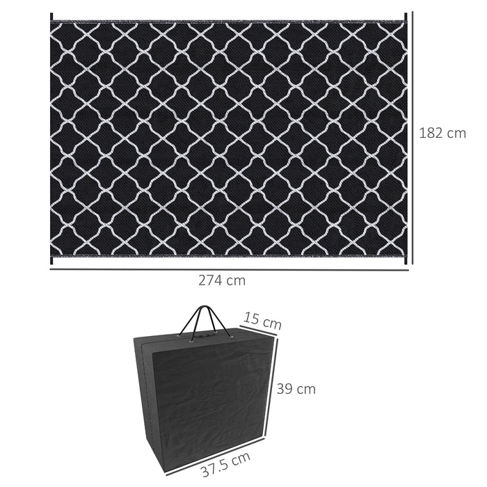 Reversible Plastic Straw Outdoor Rug - Includes Carry Bag & Ground Stakes, 182x274cm in Black - Ideal for Garden, RV, Picnic, Beach, and Camping Use
