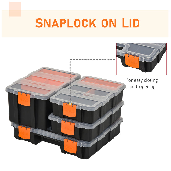 PP Storage Solutions - 4-Pack Assorted Sizes Tool & Hardware Organizer Boxes in Black/Orange - Ideal for Workshop Organization and Small Parts Storage