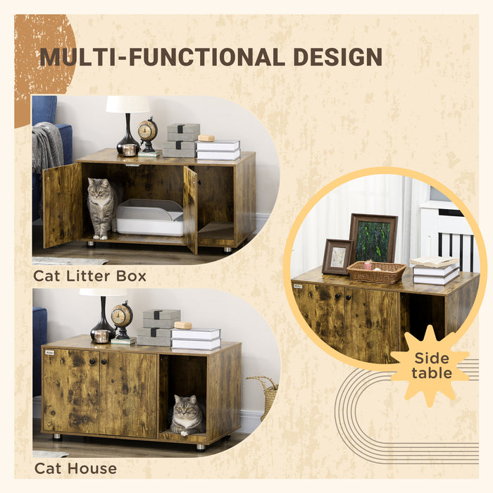 Hidden Cat Washroom Furniture - Rustic Brown Litter Box Enclosure with Scratching Pad and Double Doors - Stylish End Table Design for Pet Owners