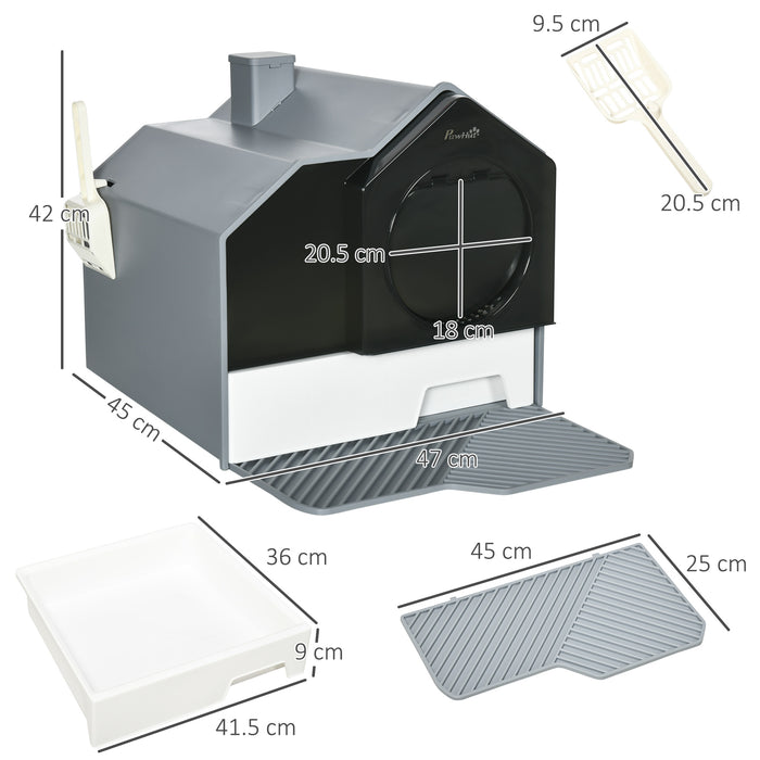 Hooded Cat Litter Box with Scoop - Drawer Pan, Hut Design & Deodorant Features, 47x45x42 cm in Grey - Easy Clean Solution for Cat Owners