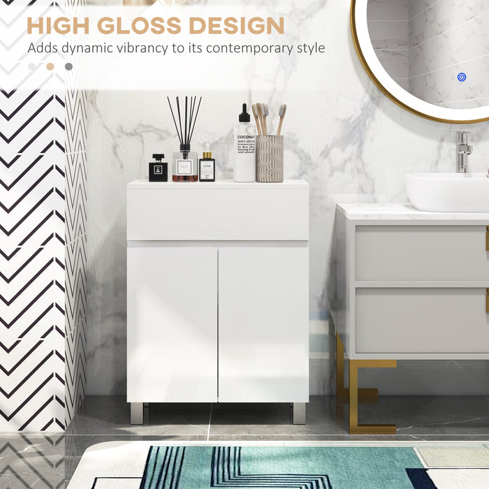 High Gloss Bathroom Cabinet - Sleek Freestanding Cupboard with Drawer & Adjustable Shelf - Space-Saving Storage Solution for Bathroom Essentials