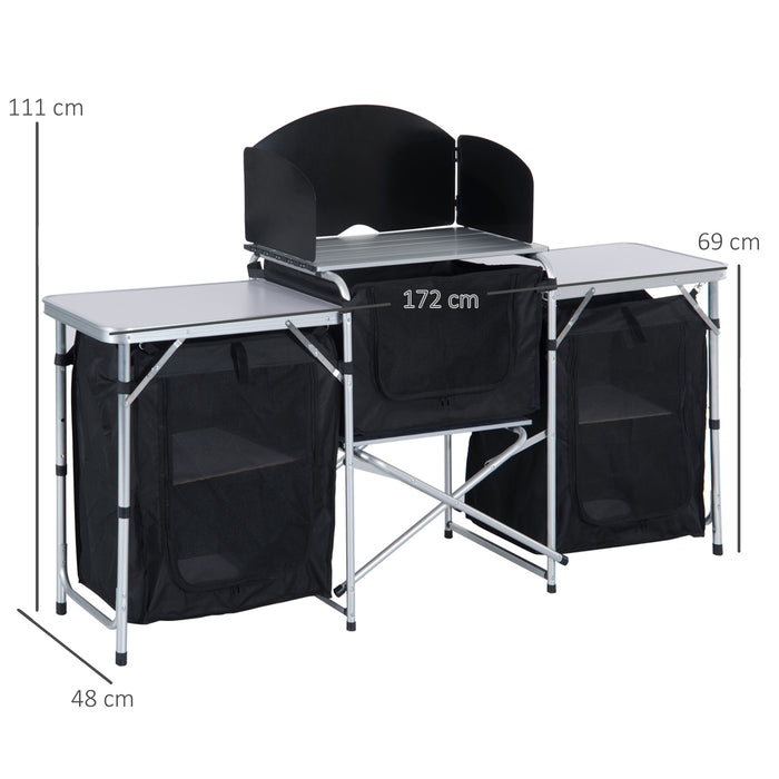 Portable Camping Cooking Workstation - Foldable Outdoor Kitchen Table with Windscreen and Storage - Ideal for BBQ, Parties, and Picnics