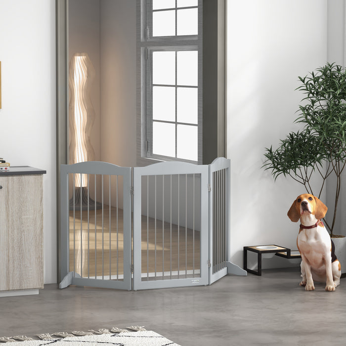Foldable Freestanding Pet Barrier - Sturdy Dog Gate with Two Support Feet for Secure Placement - Ideal for Staircases, Hallways, Doorways in Grey