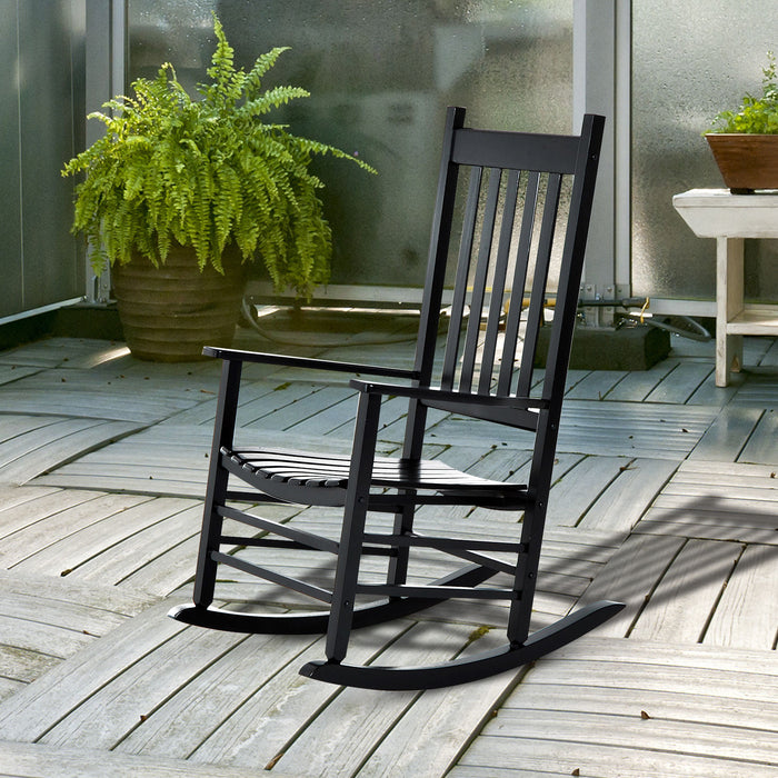 Wooden Patio Rocking Chair - Outdoor Porch Rocker with Armrests, Black - Ideal for Deck, Balcony, and Garden Seating